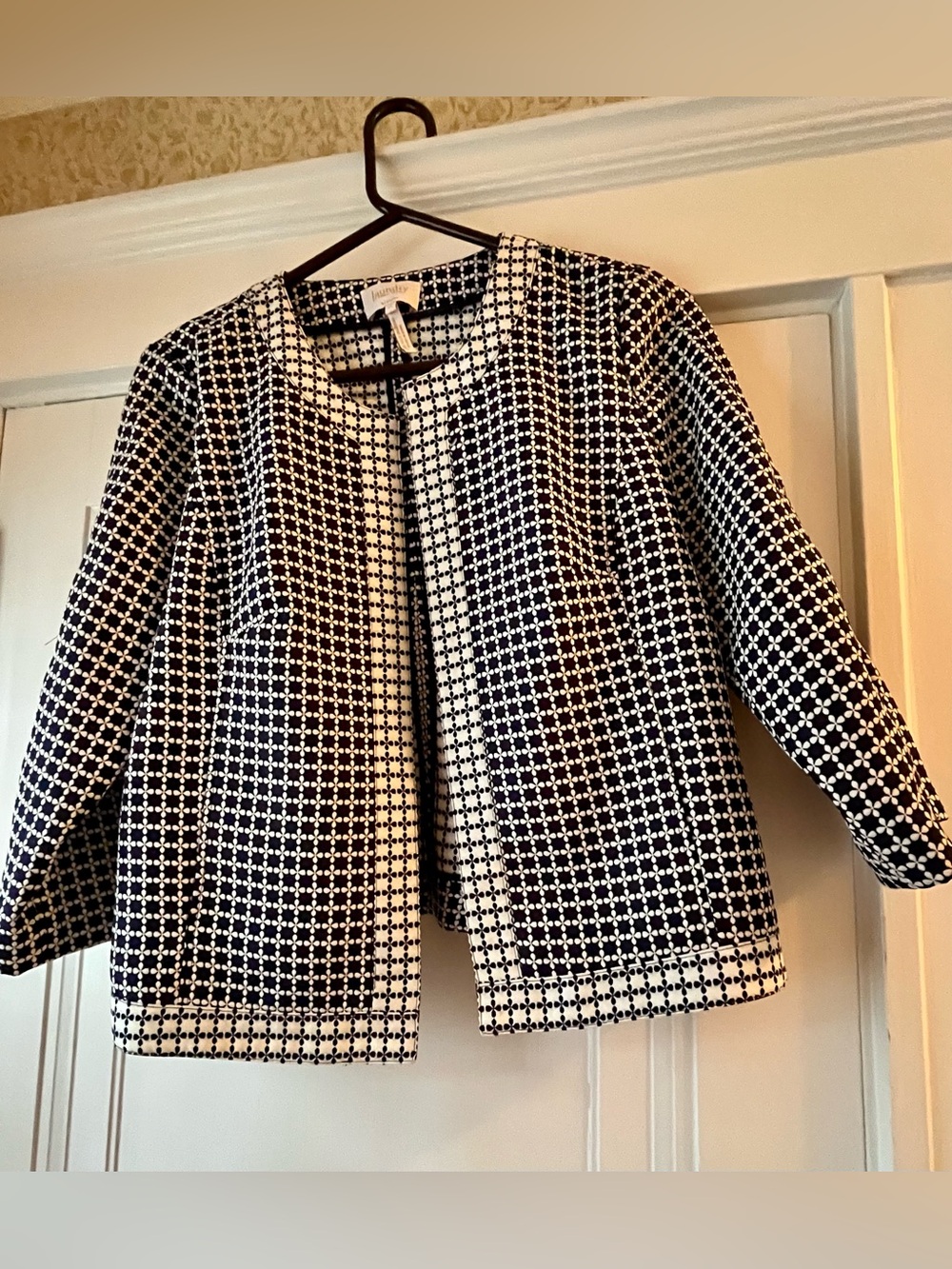 Laundry By Shelli Segal Navy and White Geometric Open-Front Jacket
